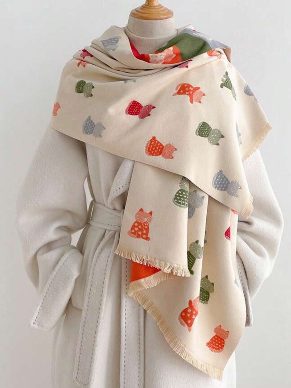 Cream Cat Print Jacquard Wrap Scarf - Multicolor Accents